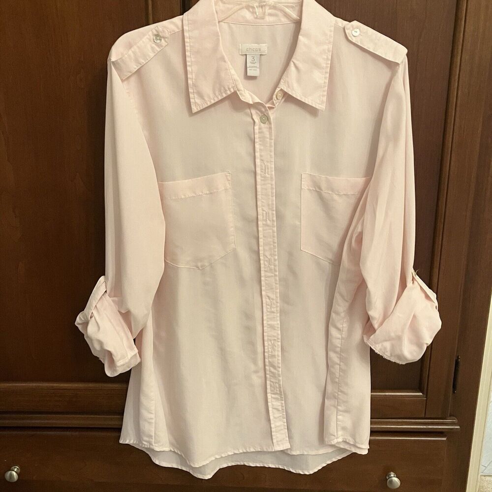Chicos Shirt Womens XL Light Pink Roll Tab Sleeve Size 3 Button Up